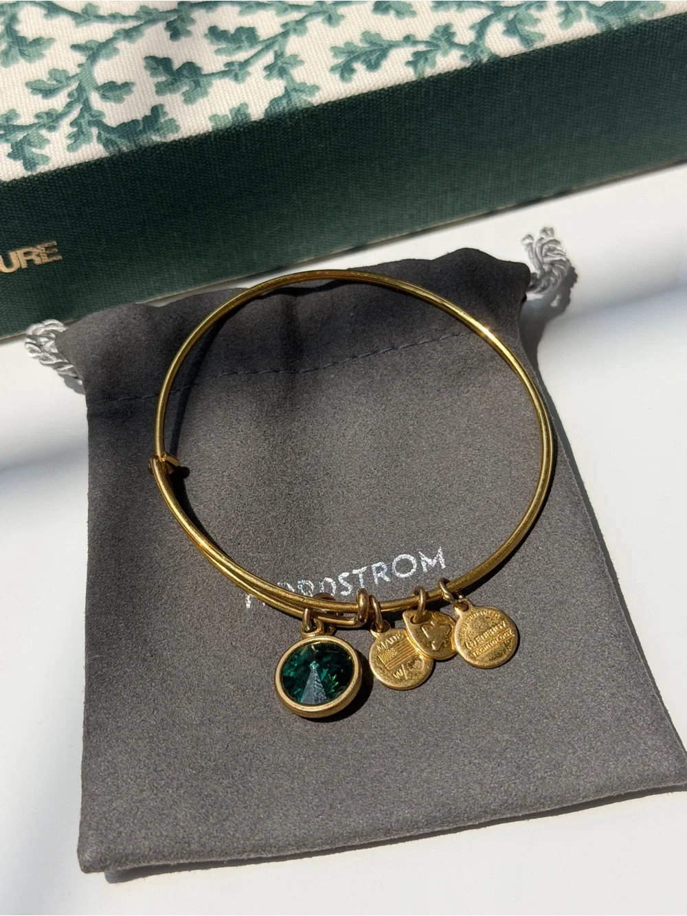 Alex and Ani Gold Emerald Green Crystal Charm Bangle Bracelet
